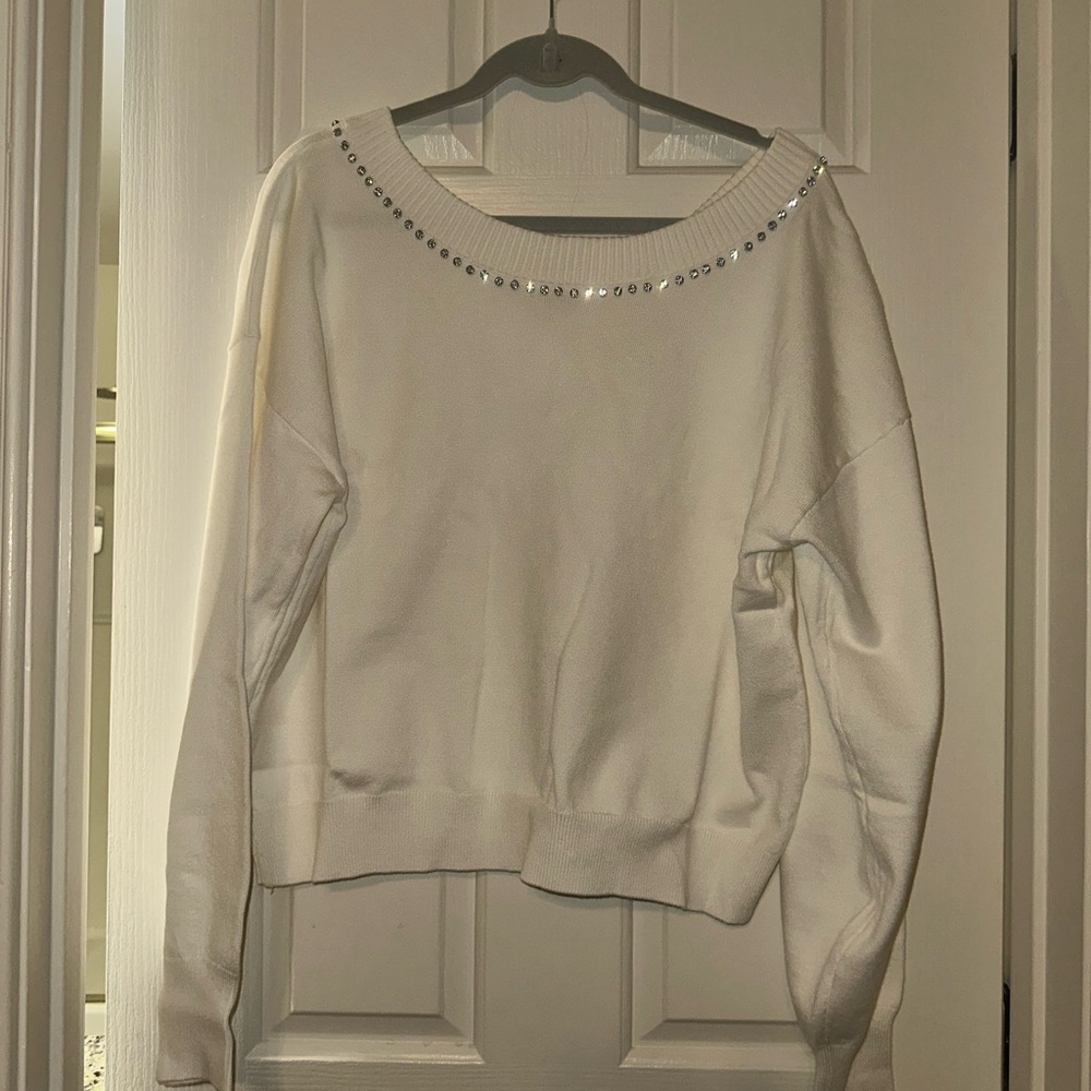 Beautiful Winter White Sweater with Rhinestone Detail